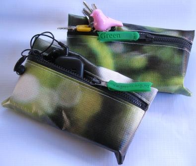 Recycled billboard purse made from Green Party election banner and silicon bracelets